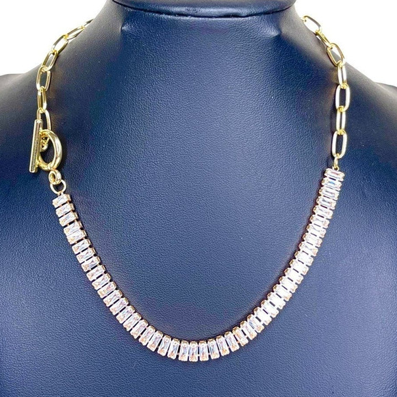 Collar Necklace 16” Paperclip Chain Gold Clear C Z O26 - Picture 9 of 14